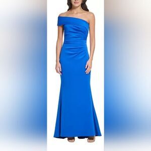 Eliza J Asymmetric-Neck Side-Pleat Scuba Gown NWT Size 12 Cobalt Blue